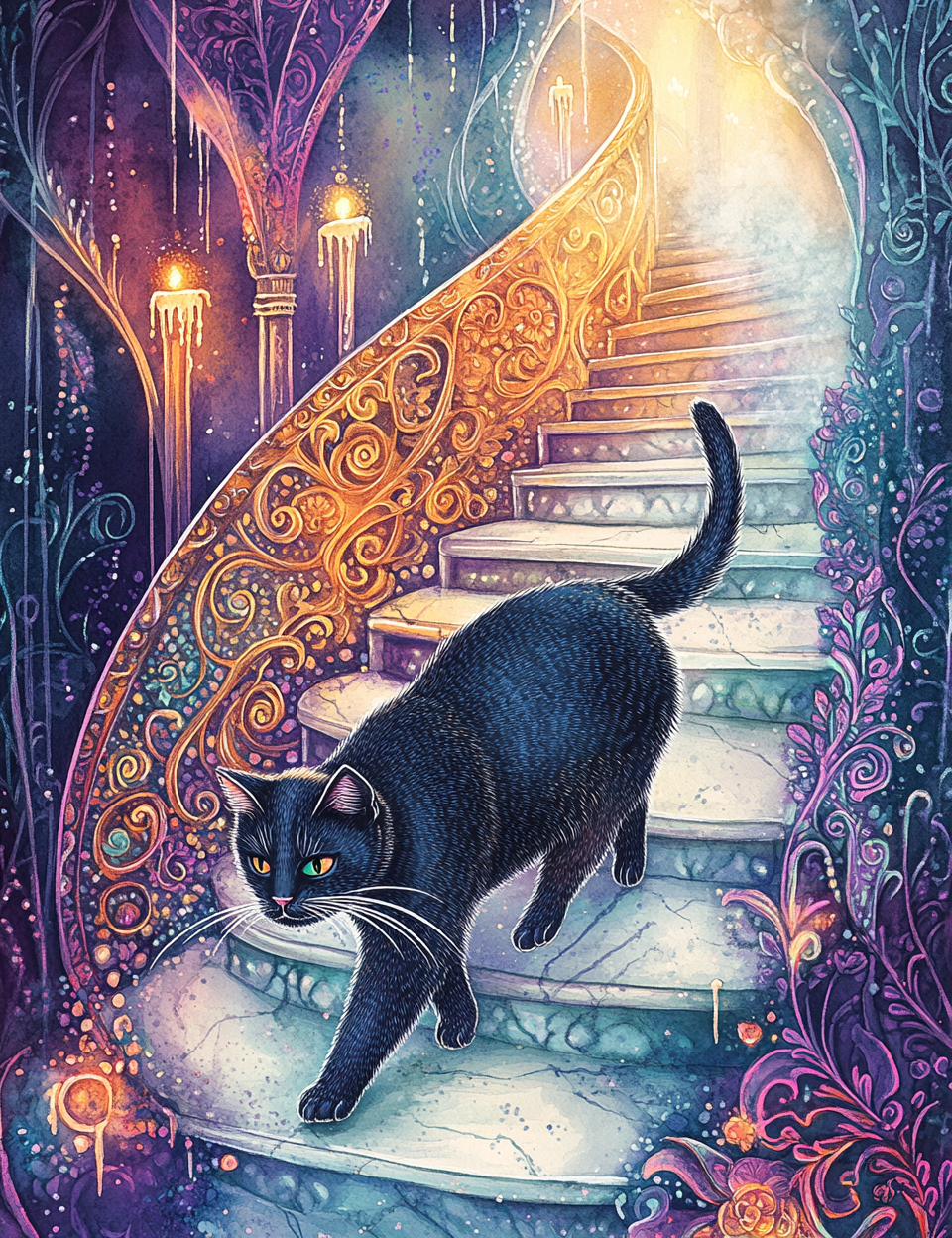 Black cat on a staircase with magical decorations and lighting