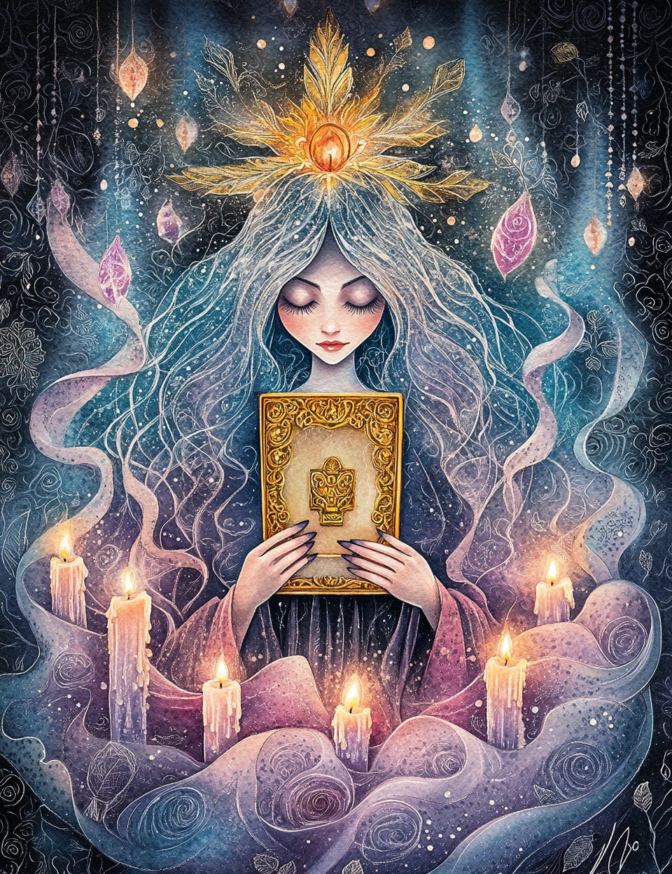 Artistic depiction of a mystical figure holding a book with candles and celestial elements.