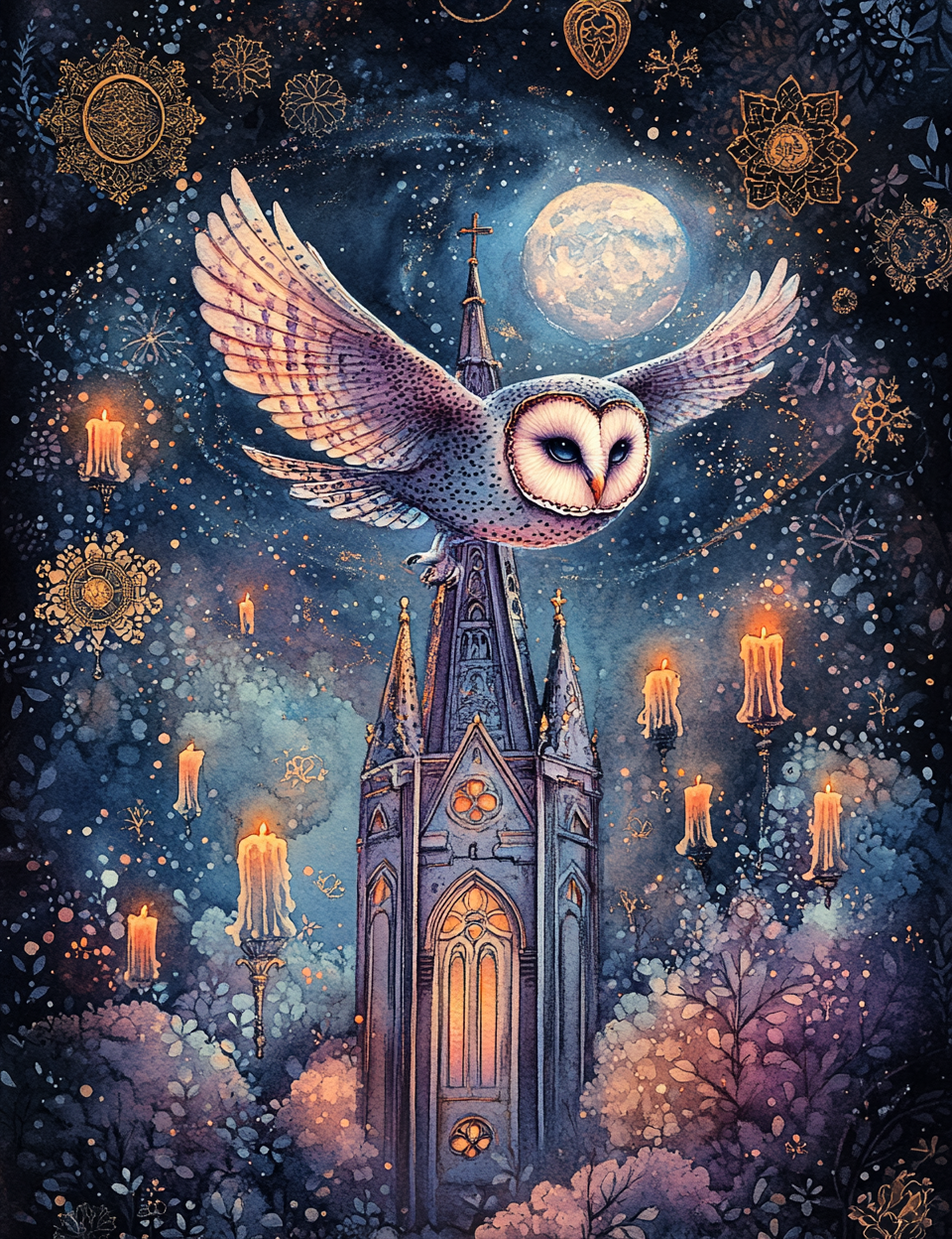 Gothic cathedral with an owl flying above, surrounded by candles and decorative elements under a moonlit sky.