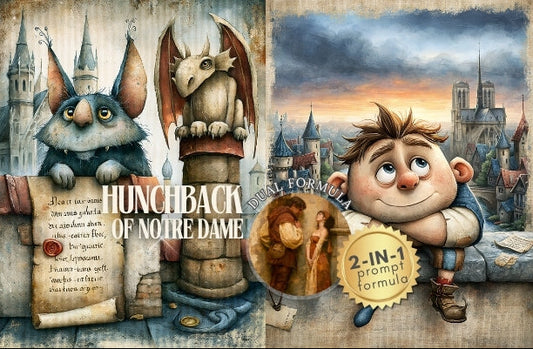 Illustrations of characters from 'The Hunchback of Notre-Dame' with a cityscape background.