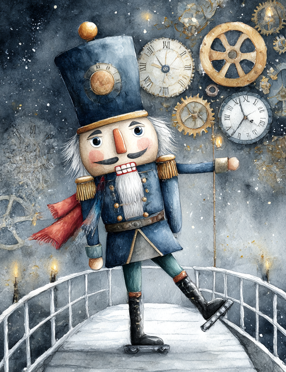Illustration of a nutcracker character with clocks and gears in the background