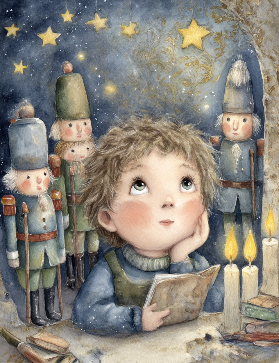 Illustration of a young boy reading a book with toy soldiers and stars in the background
