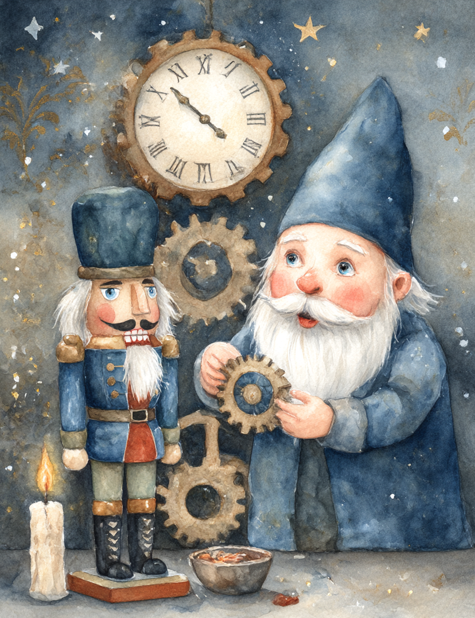 Illustration of a gnome and nutcracker with gears and a clock in the background