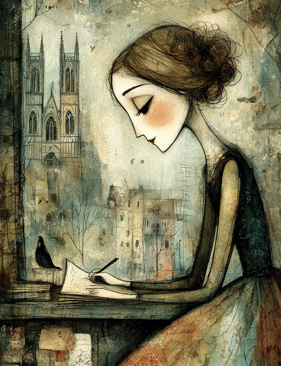 Artistic depiction of a woman writing with a cathedral in the background