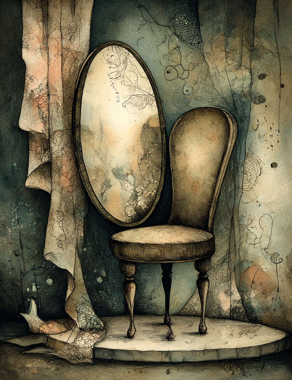 Vintage-style chair with an oval mirror against a textured wall.