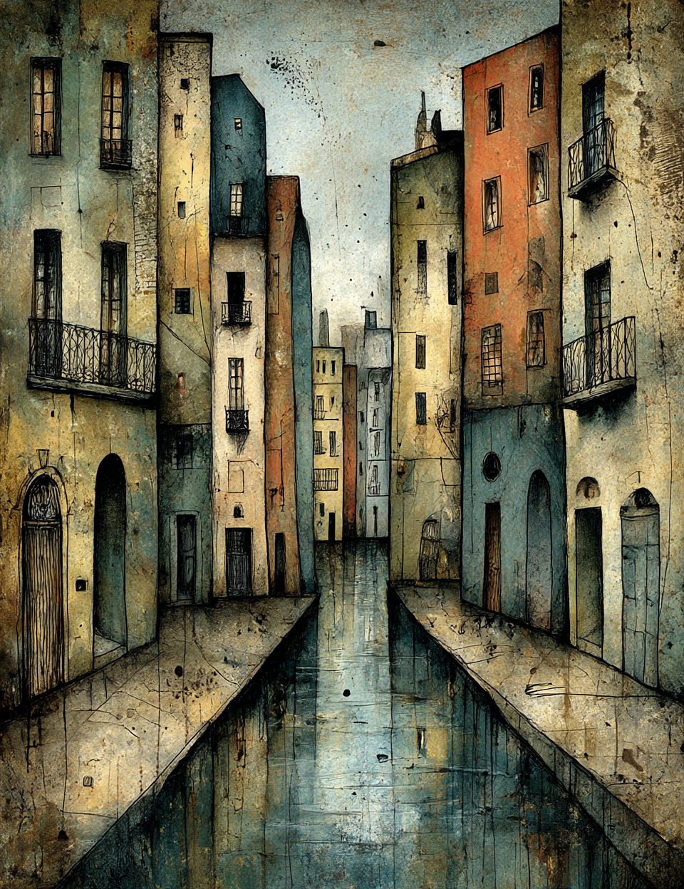 Artistic depiction of a narrow canal flanked by tall buildings with balconies.