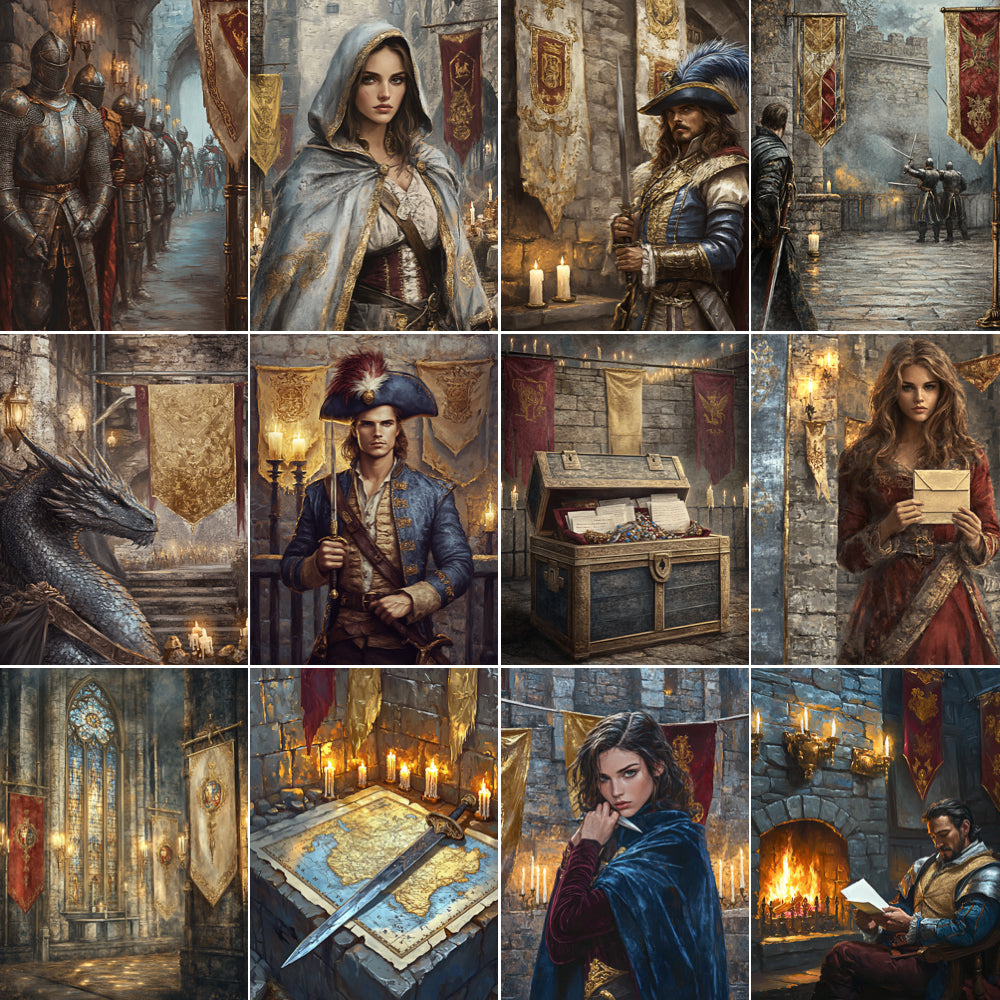 Collage of medieval-themed illustrations featuring characters and settings.