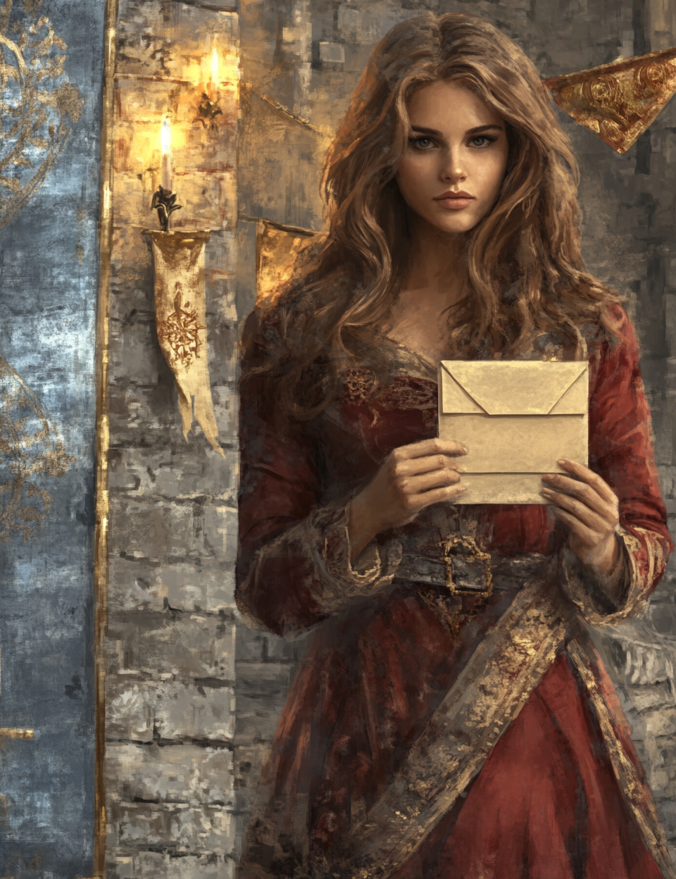 Woman in a red dress holding a letter in a medieval setting