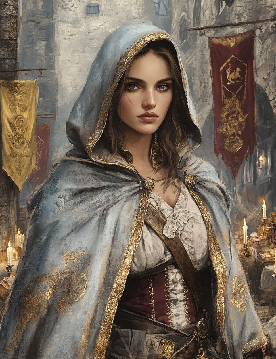 Character in a hooded cloak with intricate details in a medieval setting
