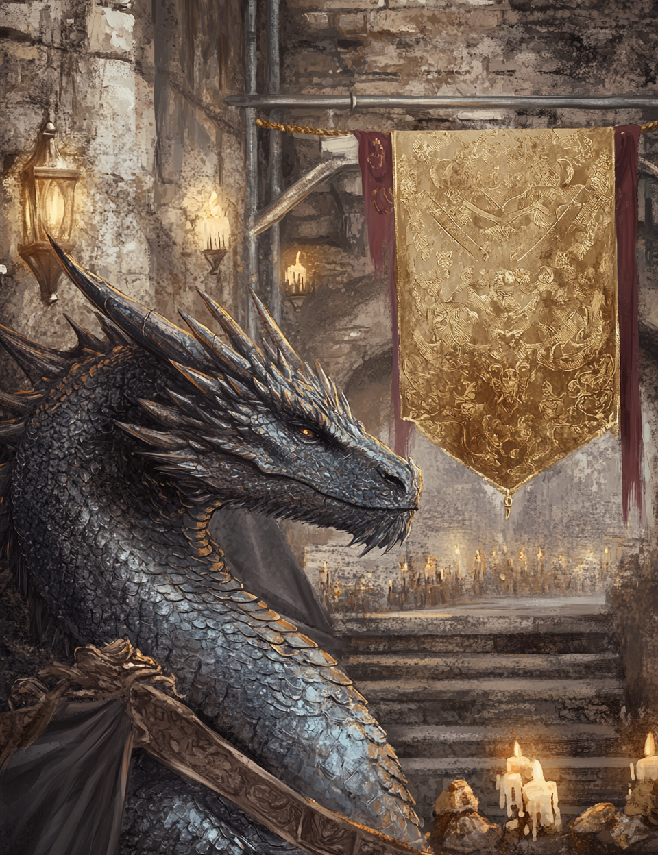 Dragon in a grand hall with a large banner in the background