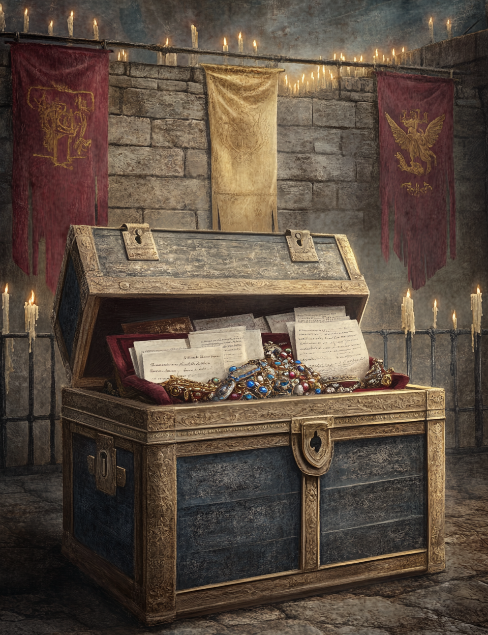Wooden chest filled with documents and jewelry in a stone room with banners