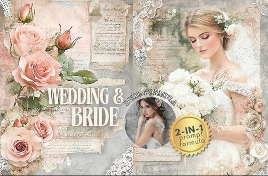 A digital collage-style promotional graphic for a wedding-themed prompt pack, featuring a bride in a white dress holding a bouquet, pink roses, lace, candles, and the text 'WEDDING & BRIDE' with a gold badge reading '2-IN-1 prompt formula'.