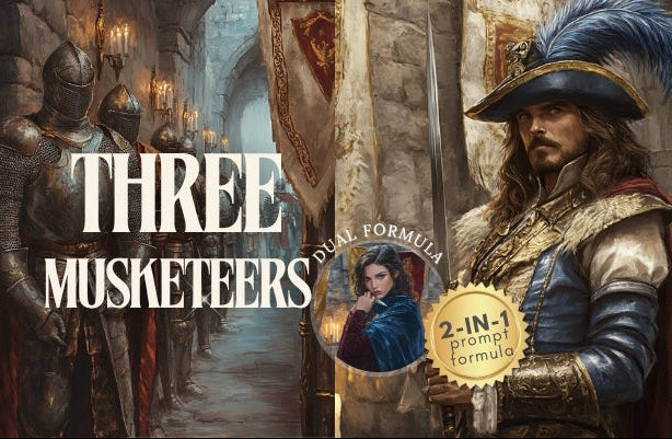 Promotional graphic for 'Three Musketeers' with characters and text overlay.