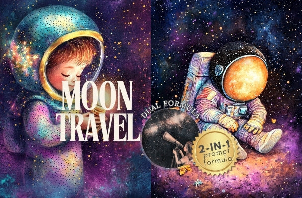 Two space-themed products with astronauts and celestial designs on a colorful background.