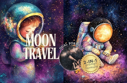 Two space-themed products with astronauts and celestial designs on a colorful background.