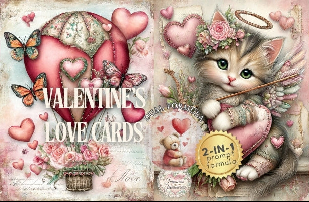 Valentine's Day card with a cat, hearts, and balloons on a decorative background.