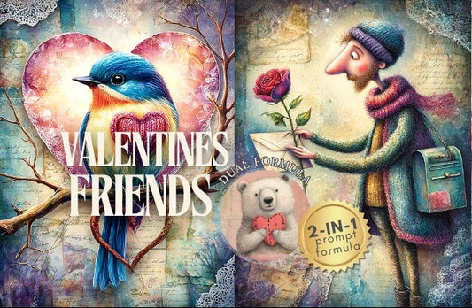 Valentine's Day-themed product packaging with a bird, flowers, and a person holding a rose.