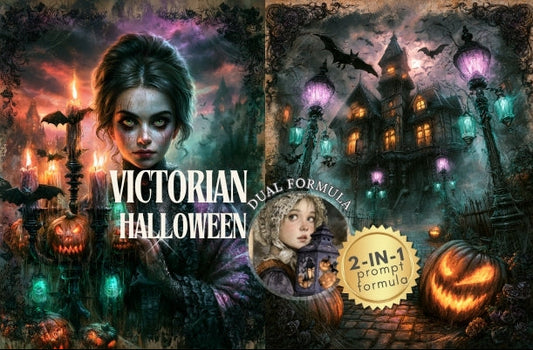 A Halloween-themed promotional collage with multiple dark fantasy scenes: a haunted house, jack-o'-lanterns, bats, a woman's portrait, a black cat, and the text 'VICTORIAN HALLOWEEN' plus a badge reading '2-IN-1 prompt formula.' This is not a clean product photo, not a person in a real environment, and not a measurement chart, swatch, or instruction diagram.