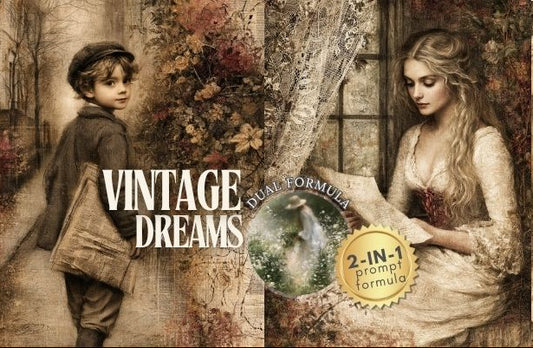Vintage-style collage artwork with multiple sepia-toned illustrations of women and a boy in an old-fashioned scene, overlaid with the text 'VINTAGE DREAMS' and a circular badge reading '2-IN-1 prompt formula.' This is not a clean product photo, not a person in a real photographed environment, and not an auxiliary chart or instruction image, so the best fit is Other.