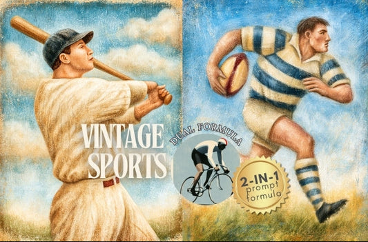Vintage-style sports illustration collage with multiple illustrated figures: a cyclist, a baseball player, a rugby player, and a woman in a white dress. Large text reads 'VINTAGE SPORTS' with a badge that says '2-IN-1 prompt formula.