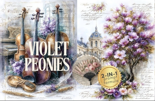 Decorative image with violins, flowers, and architectural elements titled 'Violet Peonies'.