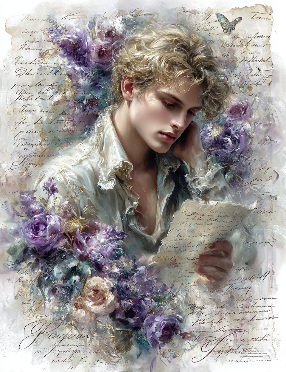 Artistic depiction of a woman holding a letter with floral elements and text in the background