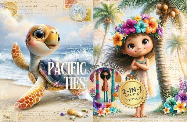 Cartoon turtle and girl with tropical elements and 'Pacific Ties' branding.