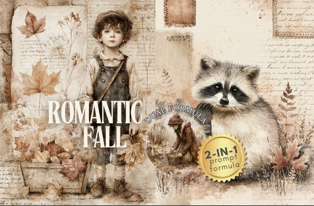 Collage with a child, raccoon, and autumn elements with 'Romantic Fall' text.