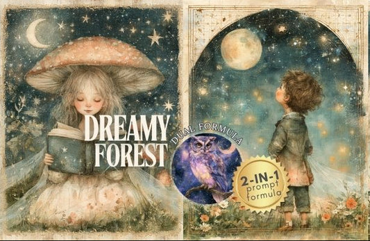 A triptych-style illustrated cover or preview for a digital design product titled 'Dreamy Forest.' The artwork shows three vertical panels with a whimsical night scene: a girl in a dress under a large mushroom holding a book, a boy looking up at a moon in a starry sky, and a girl standing in a flower-filled forest.