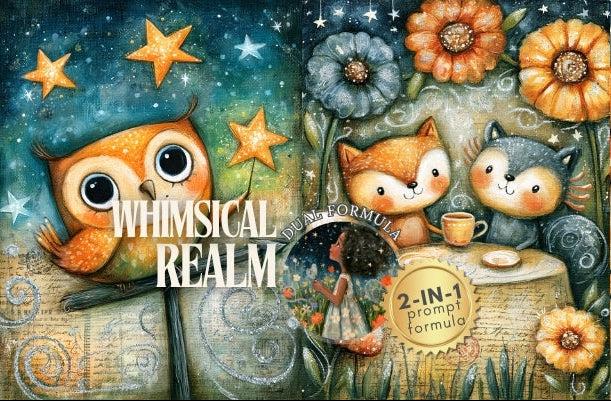 A whimsical illustrated scene with an owl, fox, and wolf sitting at a table under stars, surrounded by flowers and a small house. Large text reads 'WHIMSICAL REALM' and a badge says '2-IN-1 prompt formula'.