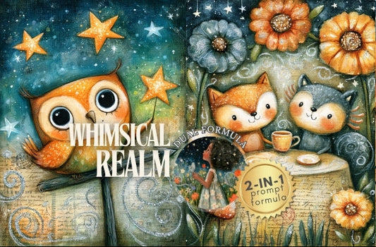 A whimsical illustrated scene with an owl, fox, and wolf sitting at a table under stars, surrounded by flowers and a small house. Large text reads 'WHIMSICAL REALM' and a badge says '2-IN-1 prompt formula'.
