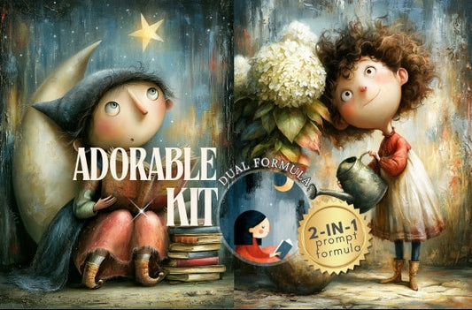 Illustrated packaging for 'Adorable Kit' with a character holding flowers and a moon, set against a forest background.