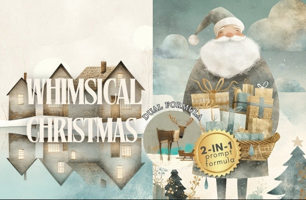 Product packaging for 'Whimsical Christmas' with Santa Claus and winter scenery.