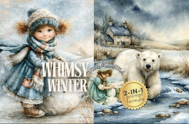 Collage of winter-themed images including a child, bear, and cabin.