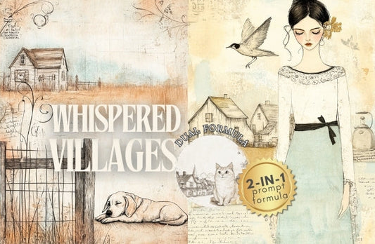 Collage of illustrations with 'Whispered Villages' text and various village-themed elements.