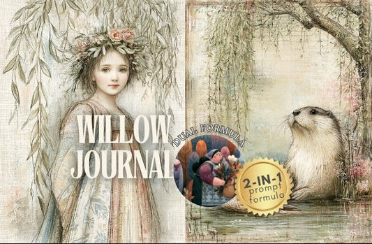 Illustrated cover of 'Willow Journal' with a girl, animals, and flowers.