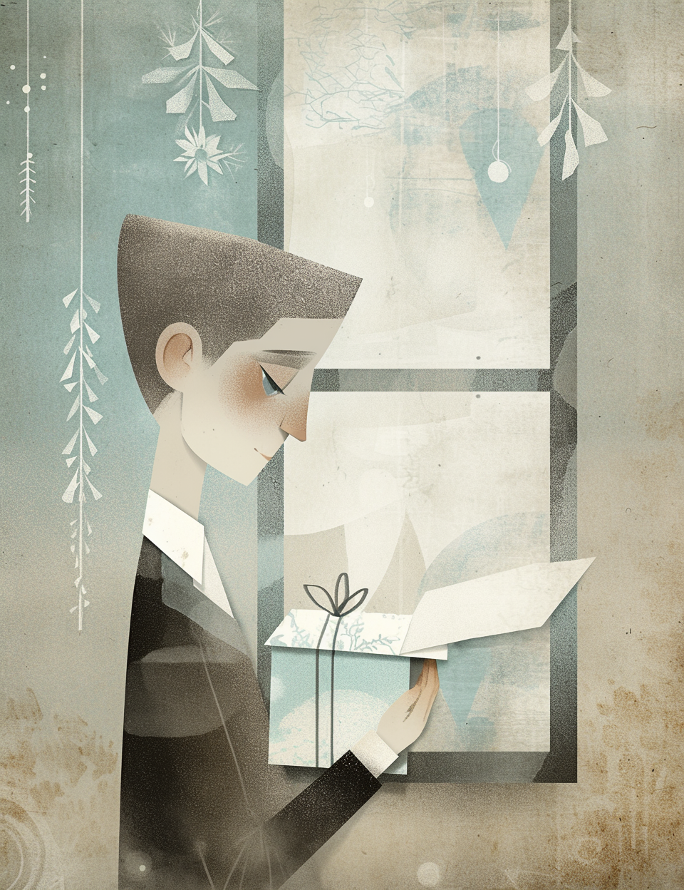 Illustration of a person reading a book with abstract elements and soft colors