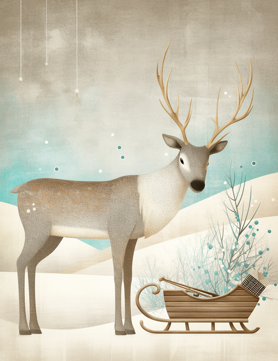 Illustration of a deer with a sleigh in a snowy landscape