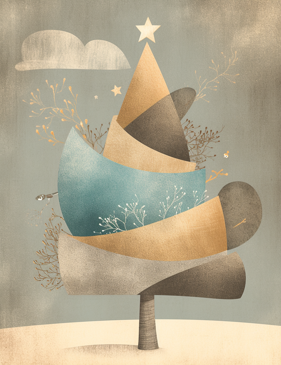 Abstract art of a tree with geometric shapes and stars on a textured background