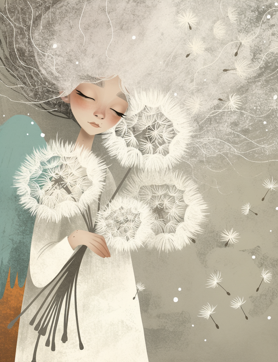 Illustration of a woman holding dandelions with a soft, pastel background