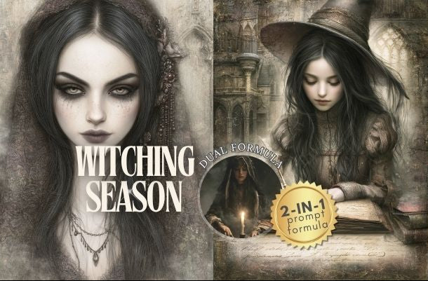 A promotional collage for a digital prompt pack titled 'Witching Season' featuring dark fantasy artwork of a young woman in a witch hat, with text reading 'Witching Season' and a gold badge that says '2-in-1 prompt pack.' This is not a physical product photo, not packaging in the usual retail sense, and not a lifestyle scene with a real person/environment; it functions as a digital preview, so subject_type is Other.