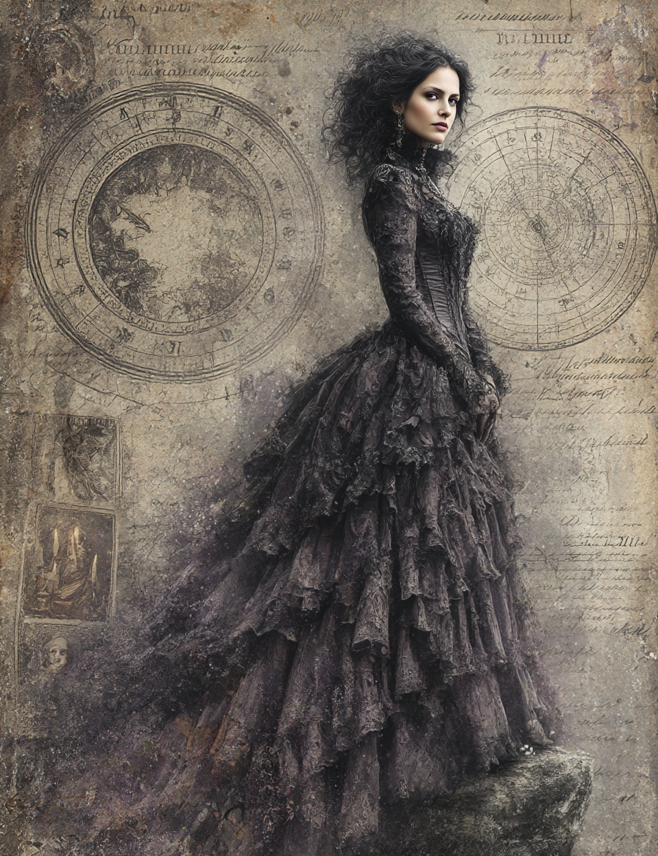 Woman in a dark, Victorian-style dress against an old map and celestial chart background