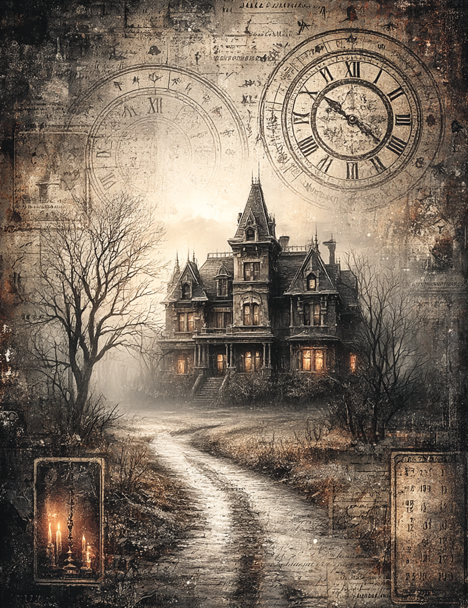 Mystical scene with a haunted house, clock faces, and candles on a textured background