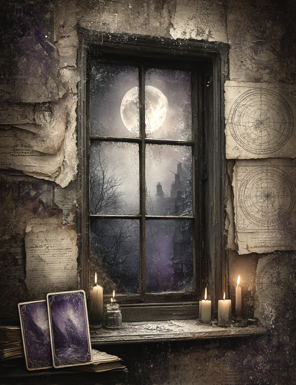 Vintage window with moonlit night view, candles, and tarot cards on a rustic surface.