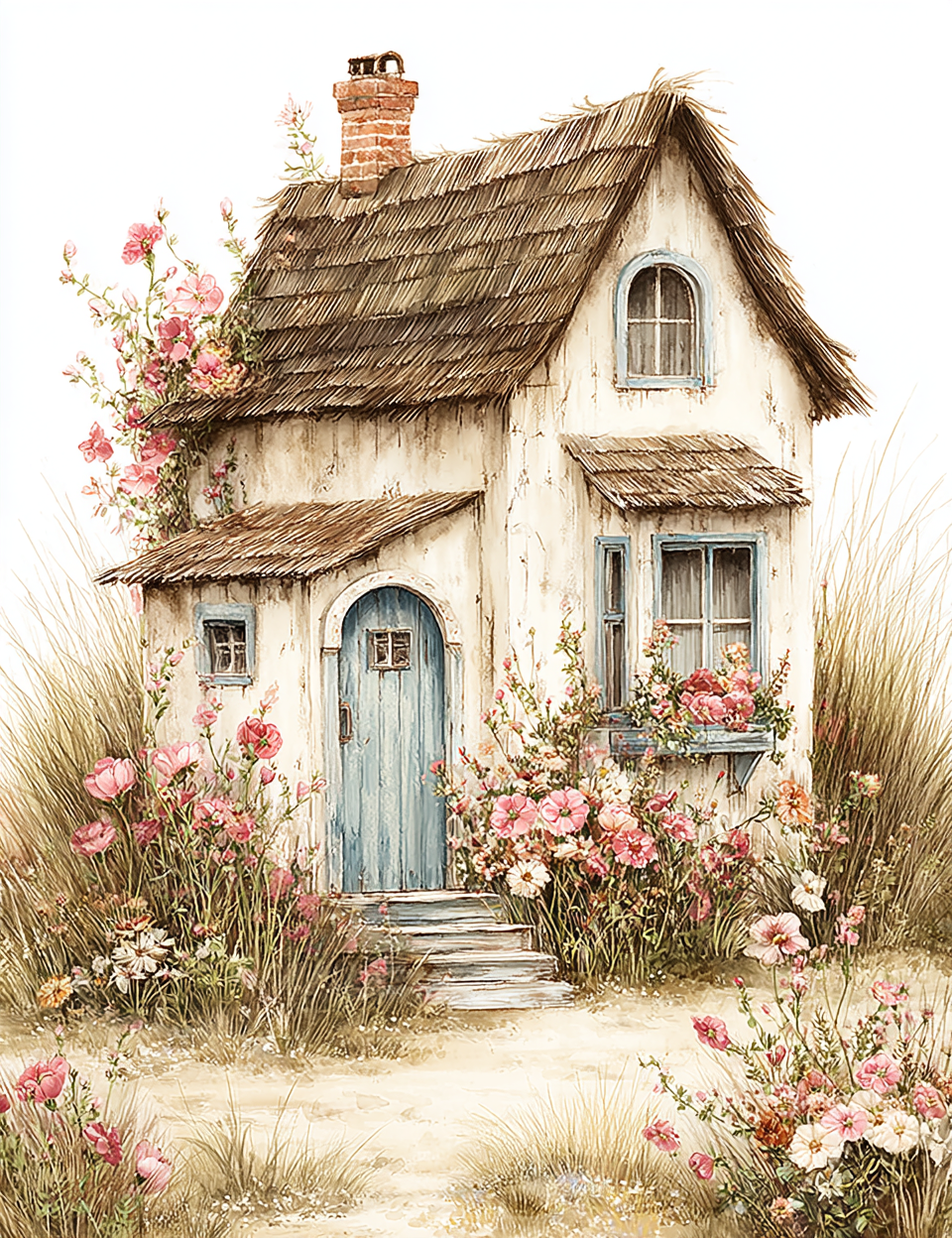 Illustration of a quaint house with a blue door, surrounded by flowers and plants.