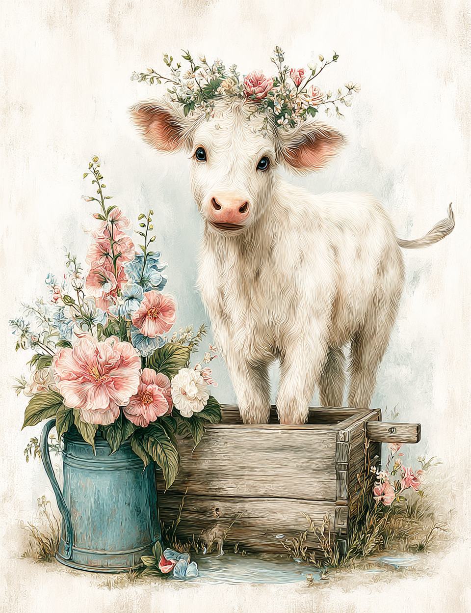 Calf with floral crown standing next to a watering can filled with flowers on a light background