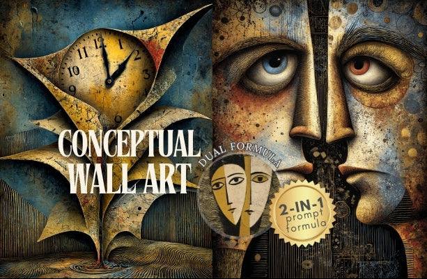 Conceptual wall art with faces, clock, and nature elements.