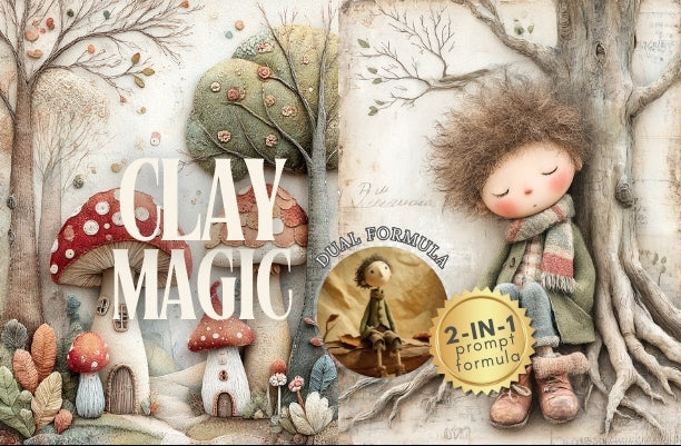 Cover of a book titled 'Clay Magic' with illustrations of a child, trees, and mushrooms.
