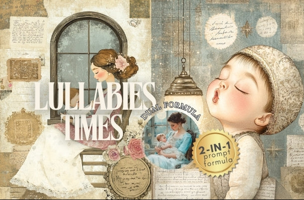Vintage-style advertisement for 'Lullabies Times' with children and a baby, featuring text and decorative elements.