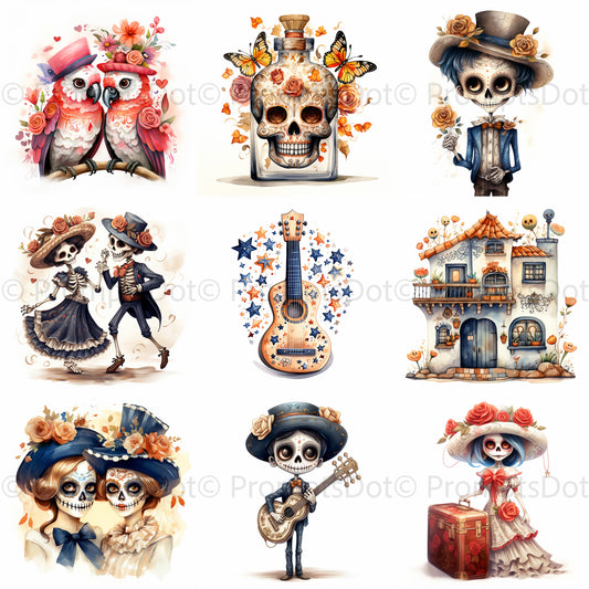 Day Of Dead Clipart Mexican Characters Midjourney Prompt Commercial Use